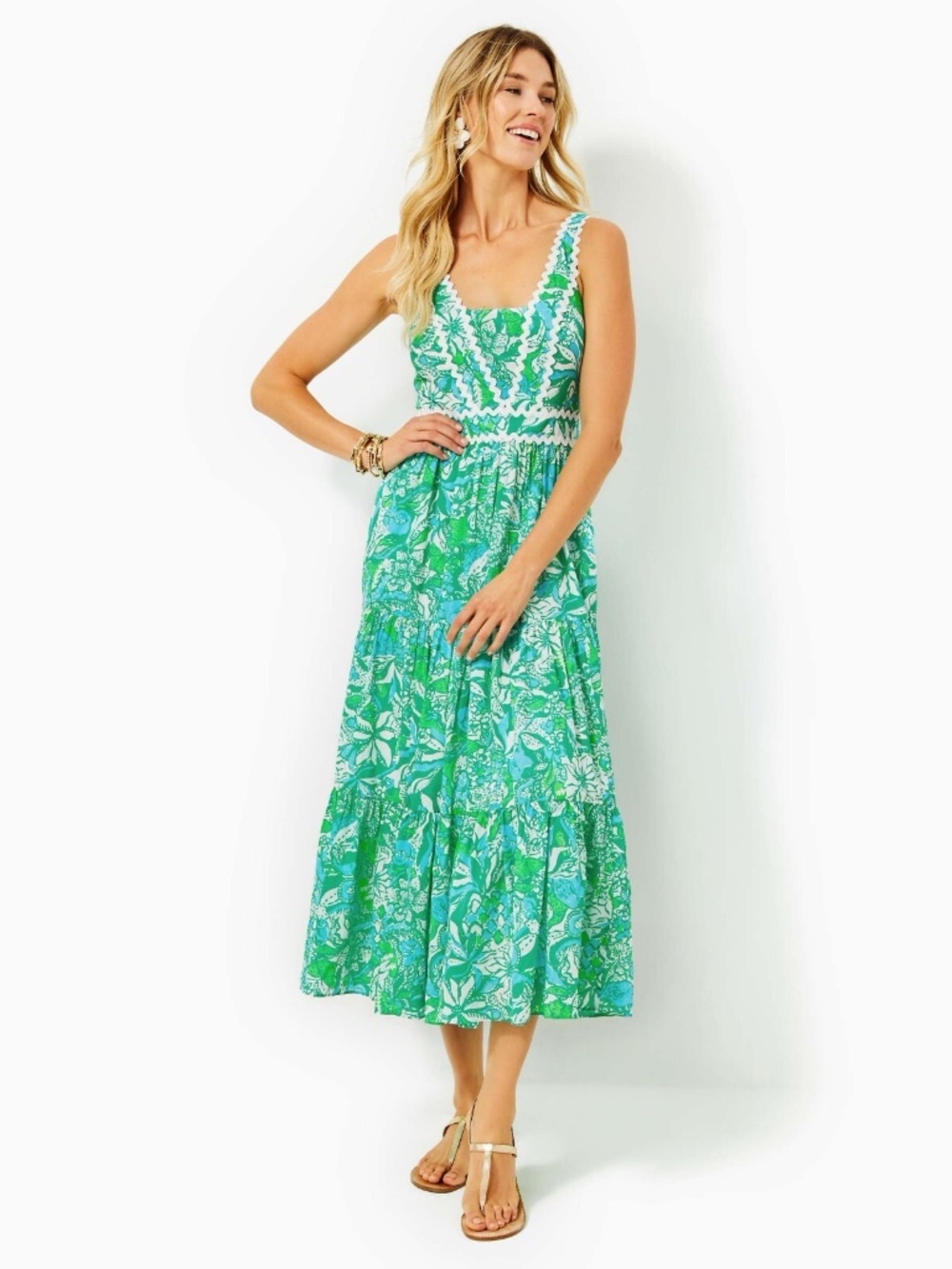 Lilly Pulitzer Pollie Midi Sundress – Botanical Green Safari Sangria – Size 12